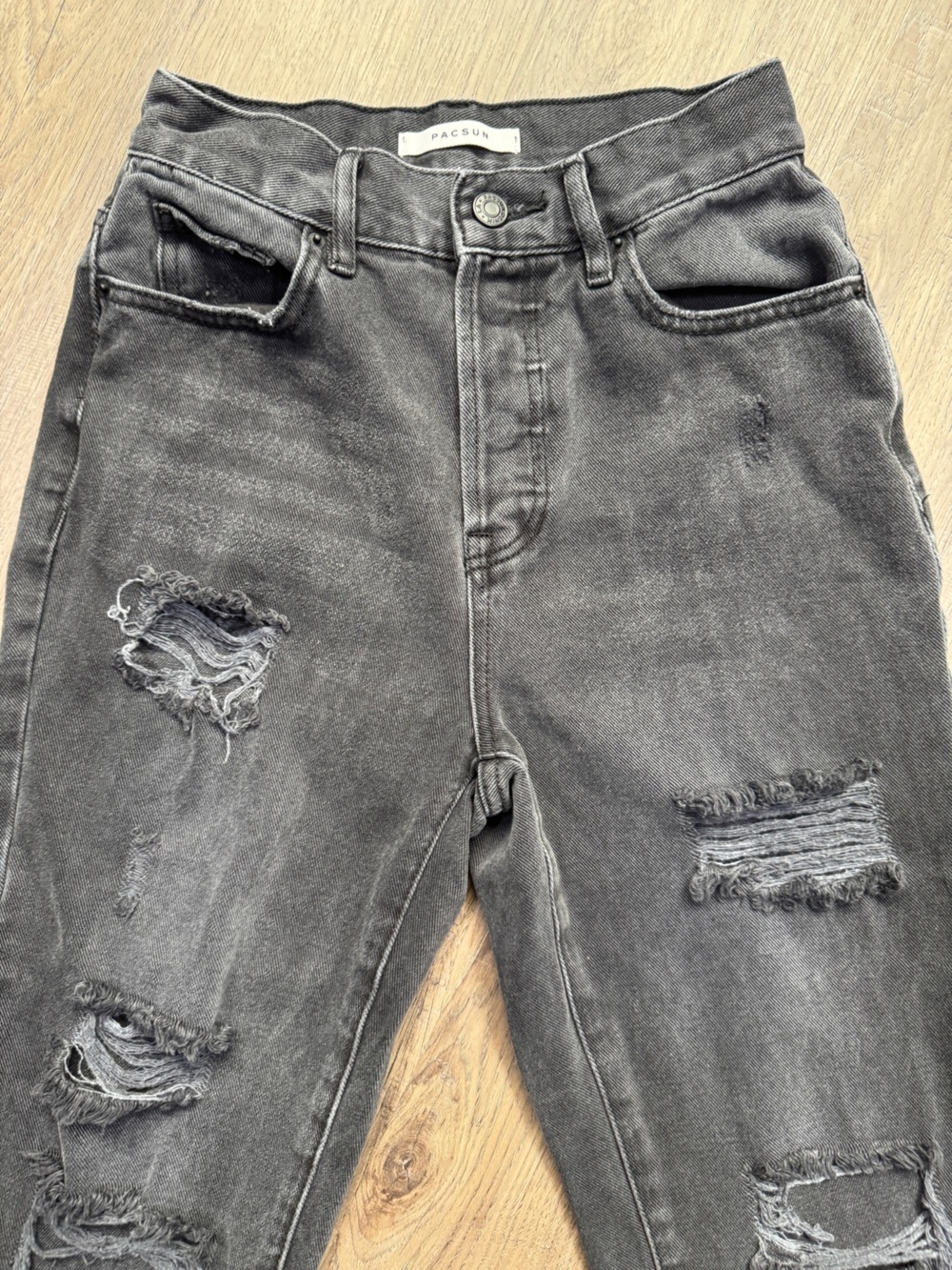 PACSUN Black Denim High Rise Straight Jeans - Distressed - Size 24 - Picture 2 of 13